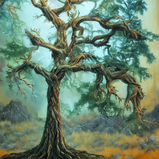 Prompt: A 46 year old tree, fantasy painting, lots of detail