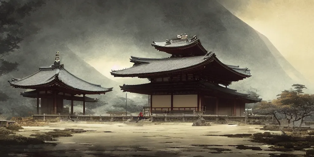 Image similar to a beautiful japanese temple, samurai riding horse, a fantasy digital painting by greg rutkowski