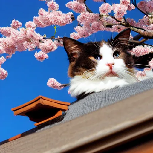 Prompt: cat on top of a balcony, viewing many cherry blossom trees from below, anime