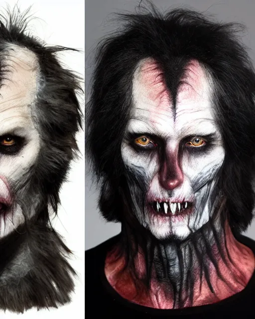 Image similar to David Kessler transforming into a wolf+An American werewolf in London+Photorealistic+Rick Baker style Makeup and Prosthetics+Studio Lighting+Hyperreal