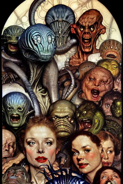 Prompt: hyper realistic aliens by norman rockwell, hr giger, john sargent, mucha