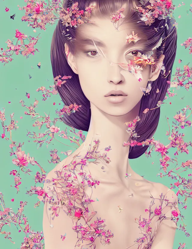 Image similar to fashionable illustration of a beautiful girl in a transparent dress, medium shot at eye level, delicate floral ornaments on fabric and hair, bright small birds, elegant, eiko ishioka, givenchy, peter murbacher, in the center, beautiful colors, origami, fashion, detailed, playful, dreamy, fashionable, japanese, real character creator, dynamic lighting