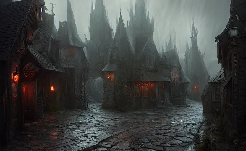 Prompt: extreme long shot concept art depicted an old english mystic town, dramatic mood, overcast mood, dark fantasy environment, art by tony sart and thornton oakley and darek zabrocki, trending on artstation, unreal engine, hyper - real movie shot