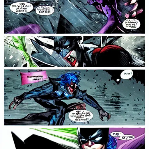 Image similar to nightwing battling the joker on the dark streets of gotham city, stormy rain and lightning ultra real,