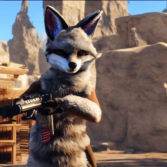 Image similar to a blue fennec fox furry in a fursuit in red dead redemption 1 holding a gun to his temple