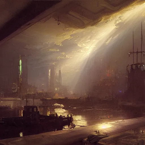 Prompt: detailed painting of a retroscifi interior in 1 9 4 0, volumetrics lights, beam of bright lights through the clouds, andreas achenbach