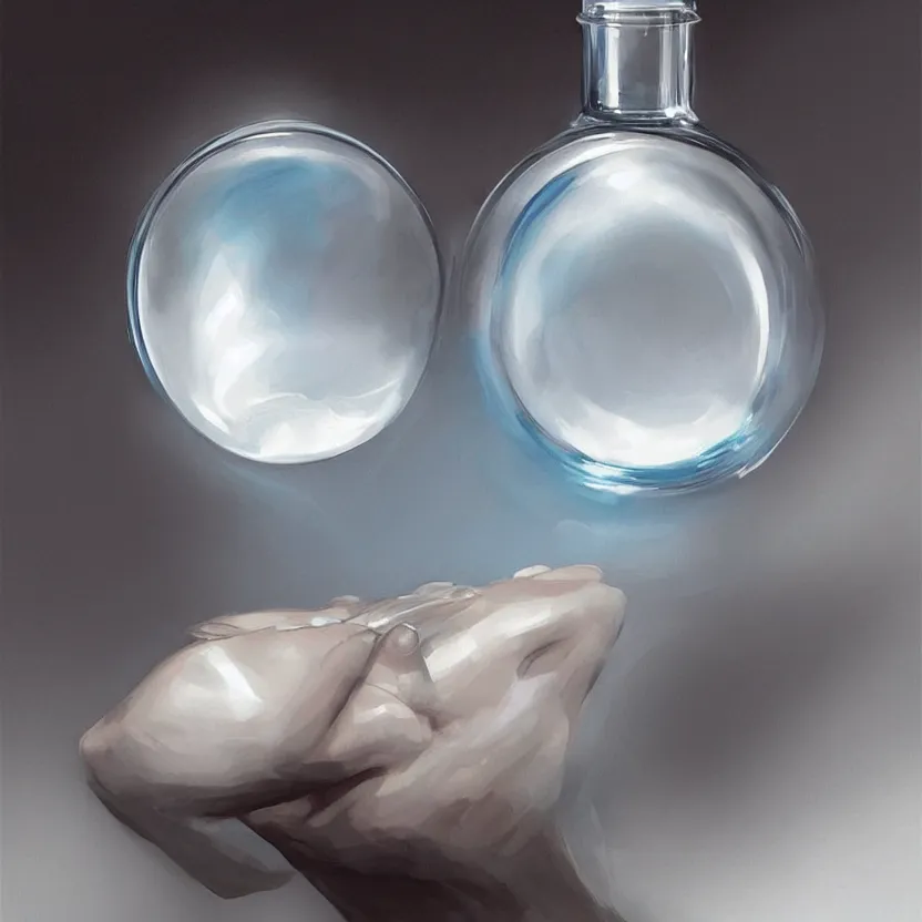 Image similar to concept art of luxury very modern white liquid dietary supplement in a round transparent bottle, it has a black sticker on it, by aenaluck, artgerm and roberto ferri and greg rutkowski, light blue and white tones, digital painting, artstation, concept art, smooth, sharp foccus ilustration hq