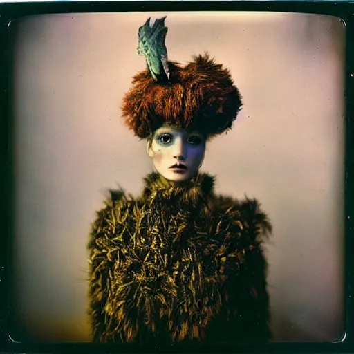 Prompt: kodak portra 4 0 0, wetplate, photo of a surreal artsy dream scene,, very beautiful girl, weird fashion, grotesque, extravagant dress, carneval, animal, wtf, photographed by paolo roversi style