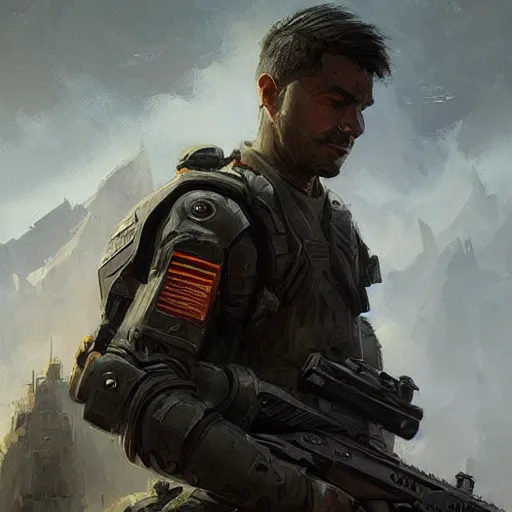 Prompt: Portrait of a man by Greg Rutkowski, a young human marine with short black hair, heroic and triumphant attitude, wearing tactical gear, highly detailed portrait, scifi, MMORPG, digital painting, artstation, concept art, smooth, sharp foccus ilustration, Artstation HQ