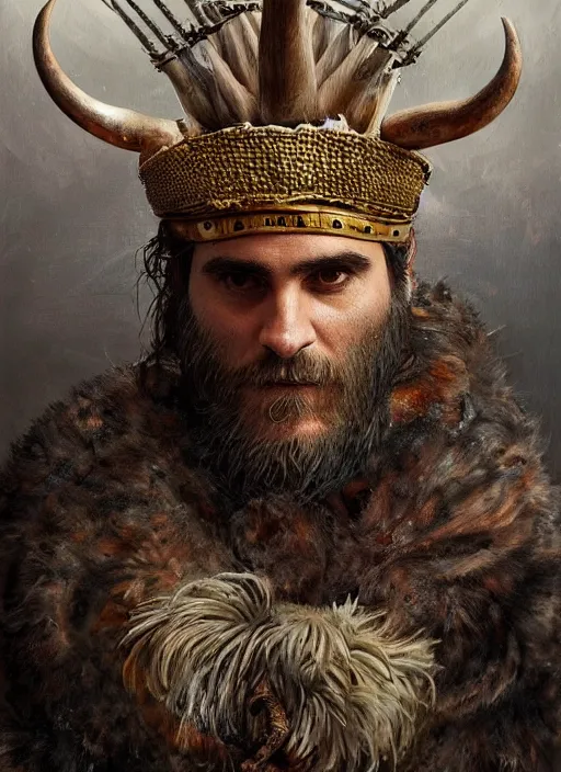 Prompt: a hyper detailed painting of joaquin phoenix with a viking crown, cow horns, pig nose, sheep wool, chicken feather armor, horror, by anna podedworna, by miklos ligeti, by diego maricato, by taran fiddler, by antonino truisi, by chris reddie, by jinsung lim, trending on artstation