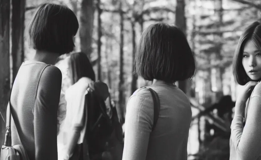 Image similar to cinestill 5 0 d candid photographic portrait by steven spielberg of two female androids wearing rugged black mesh tech