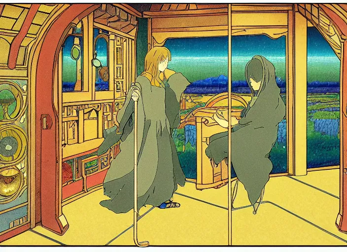 Prompt: a still frame in anime style, studio ghibli, ivan bilibin, medieval western bible sci - fi illustration of a person morphing into a bird, space station interior