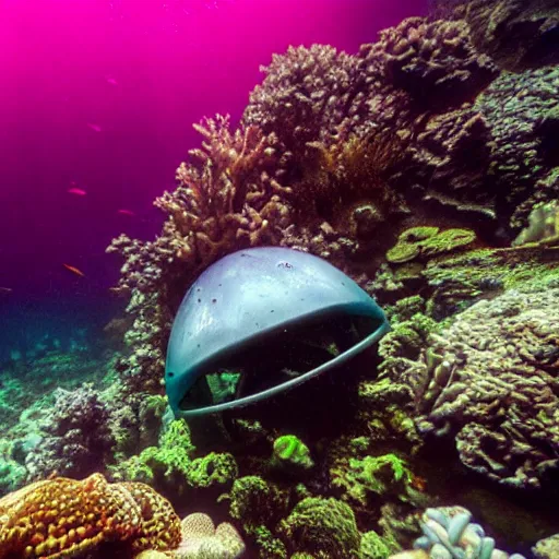 Prompt: an underwater photo of an alien swimming in a coral reef