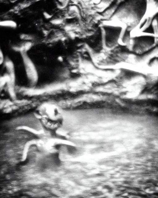 Prompt: terrifying reptile humanoid creatures of the abyss, lurking, waiting, hiding, in a shady public swimming pool, liminal spaces, ritual occult gathering, 3 5 mm film photo, film grain