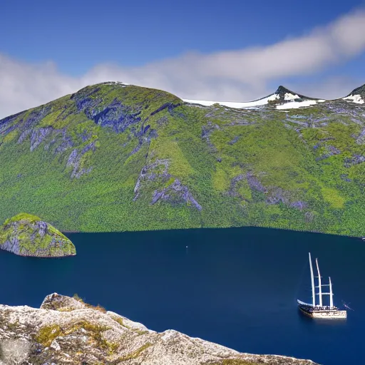 Prompt: high resolution camera capture of a a verdant large island with fjords and mountains