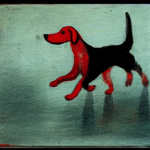 Prompt: Red long dog chasing its own tail. in the art style of William Turner. Minimalistic composition. High resolution. High details.