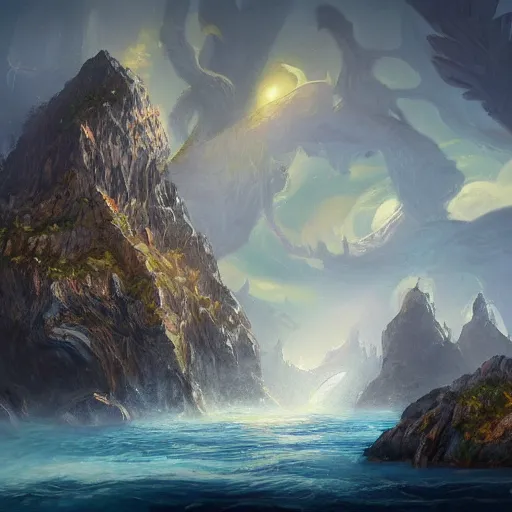 Image similar to a mysterious island, painting, in the style of magic the gathering, fantastical, concept art