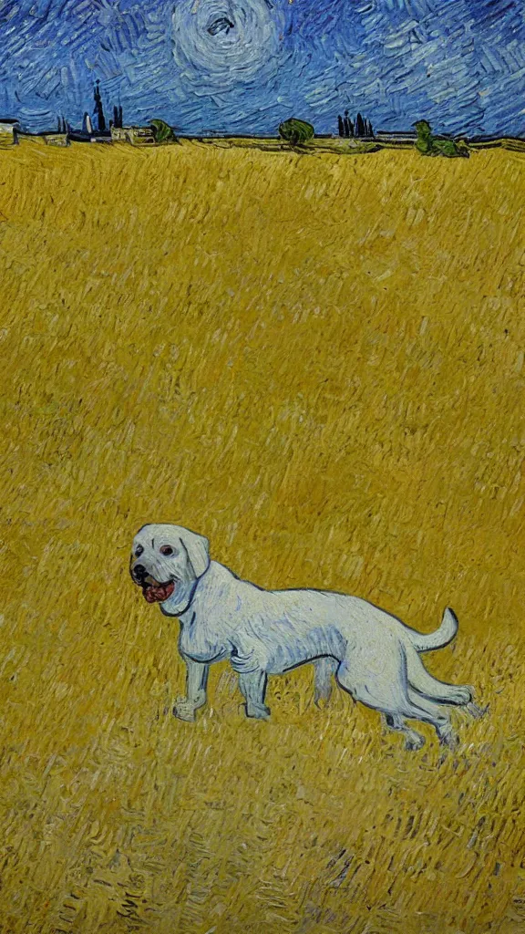 Image similar to A white and yellow dog was rolling in the field,In the style of Van Gogh.