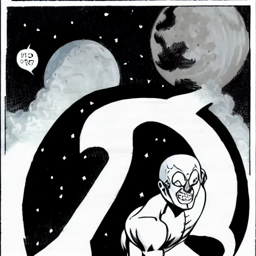 Image similar to comic White Lantern in black and white uniform in space standing infront of the moon,