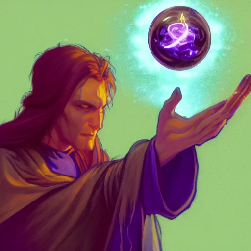 Image similar to a warlock is casting a magic spell while with magic orb floating in his hand , dynamic pose, chromatic aberration , medium level shot, Mucha style , Grim fantasy, illustration ,concept art,