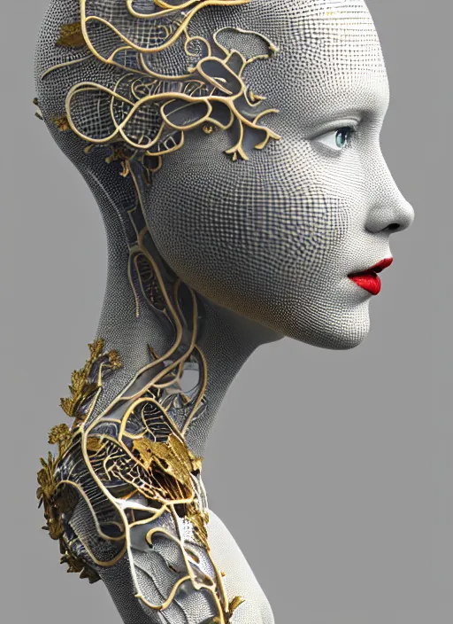 Prompt: complex 3d render ultra detailed of a beautiful porcelain profile woman face, mechanical cyborg, 150 mm, beautiful natural soft light, rim light, silver gold neocubism details, magnolia big leaves and stems, roots, ornate, fine foliage lace, maze like, mesh wire, intricate details, mandelbrot fractal, anatomical, red lips, white metal armor, facial muscles, cable wires, microchip, elegant, octane render, H.R. Giger style, 8k