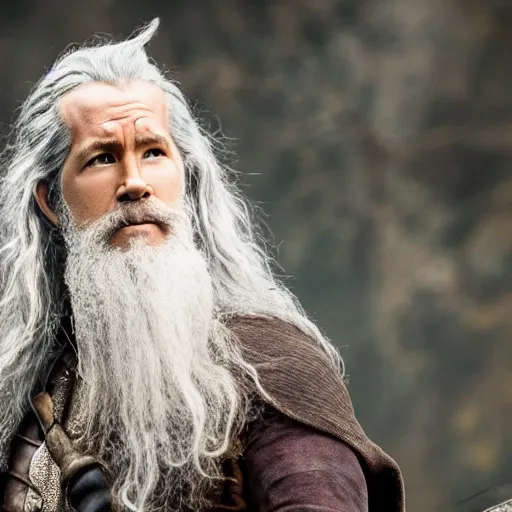 Image similar to Ryan Reynolds as Gandalf the wizard, highly detailed, high quality, HD, 4k, 8k, Canon 300mm, professional photographer, 40mp, lifelike, top-rated, award winning, realistic, sharp, no blur, edited, corrected, trending