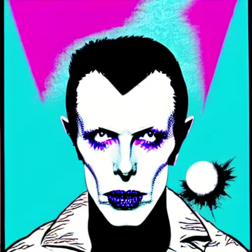 Image similar to vector art solarized screenprint of trent reznor as david bowie as dream of the endless ( sandman ) by brian bolland and andy warhol