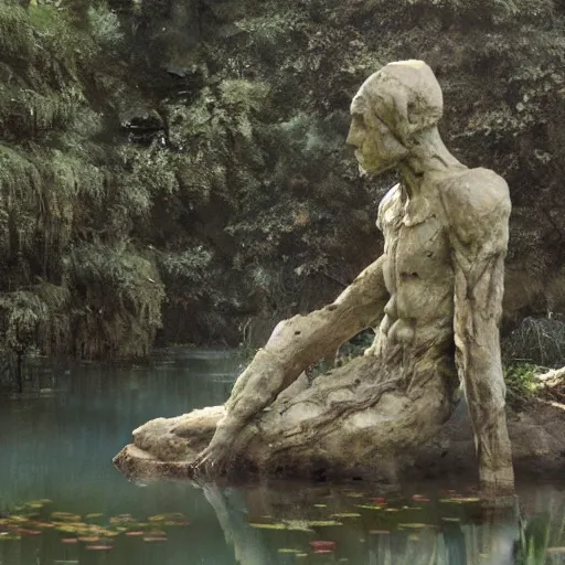 Prompt: ancient stone golem resting beside a pond inside a forest, statue, oil painting, by Greg Rutkowski