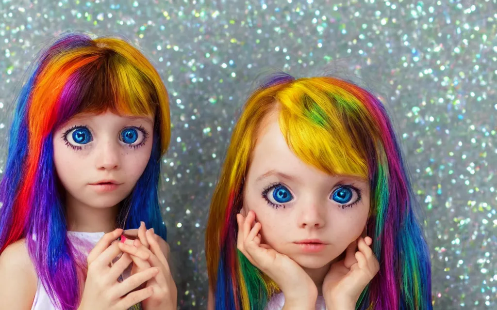 Prompt: a young girl with freckles and dark hair looks at the camera, she has sparkles and stickers on her face and big eyes, her hair is rainbow coloured and she has big dreams 3 d 8 k ultra detailed