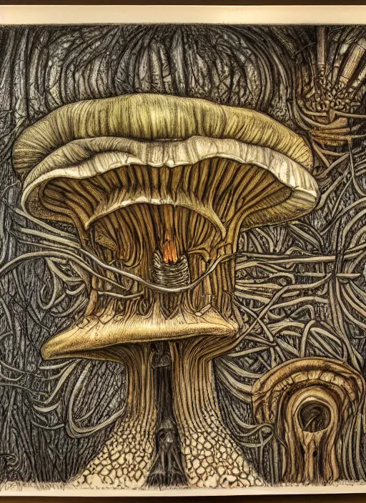 Prompt: a hybrid between a mushroom and a house,, insanely detailed, studio light, hr giger, colored pencil