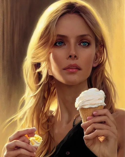 Prompt: Portrait of a blonde Barbara Bach from the bond film eating ice creams in Porto,real life skin, intricate, elegant, highly detailed, artstation, concept art, smooth, sharp focus, art by artgerm and greg rutkowski and alphonse mucha