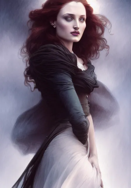 Image similar to sansa angeline jolie gessica chastain in dark, intricate, elegant, highly detailed, digital painting, artstation, concept art, smooth, sharp focus, illustration, art by artgerm and greg rutkowski and alphonse mucha and william - adolphe bouguereau