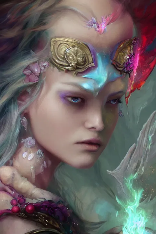 Image similar to face closeup of extremely beautiful girl necromancer, magical fairy flowers and ice velvet, diamonds, angels, 3 d render, hyper - realistic detailed portrait, holding fire and electricity rainbow, ruan jia, wlop. scifi, fantasy, magic the gathering, hyper detailed, octane render, concept art, peter mohrbacher