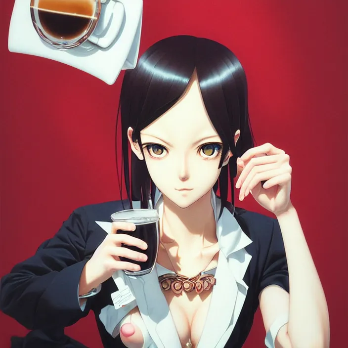 Image similar to portrait of a snobby young mexican socialite drinking an espresso, by range murata katsuhiro otomo, yoshitaka amano, nico tanigawa, and artgerm rendered with 3 d effect, sweet artpiece.