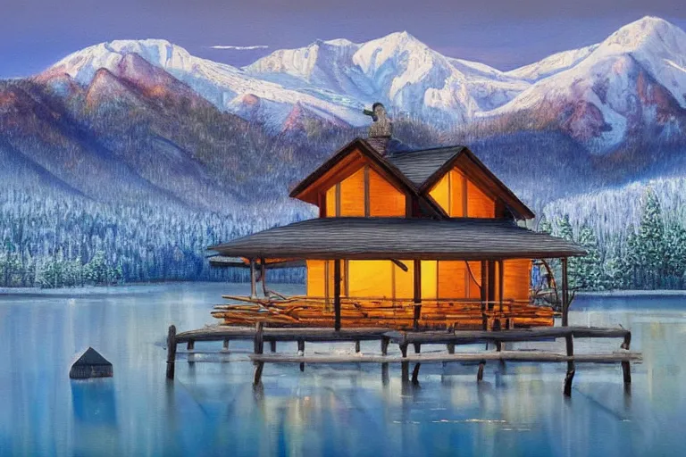 Image similar to a beautiful painting of a log cabin by a lake in front of snowcapped mountains at night. there's smoke coming from the chimney of the log cabin.