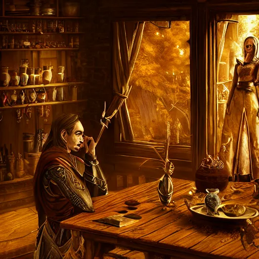 Image similar to the elder scrolls vi majestic gracious high elf merchant portrait, indoors rustic clothing shop, painted, dark room, one point of light coming through the window, atmospheric lighting, painted, intricate, volumetric lighting, beautiful, golden hour, sharp focus, ultra detailed, by mark kent, jordan lamarre - wan, igor kieryluk, maxim verehin, miranda meeks