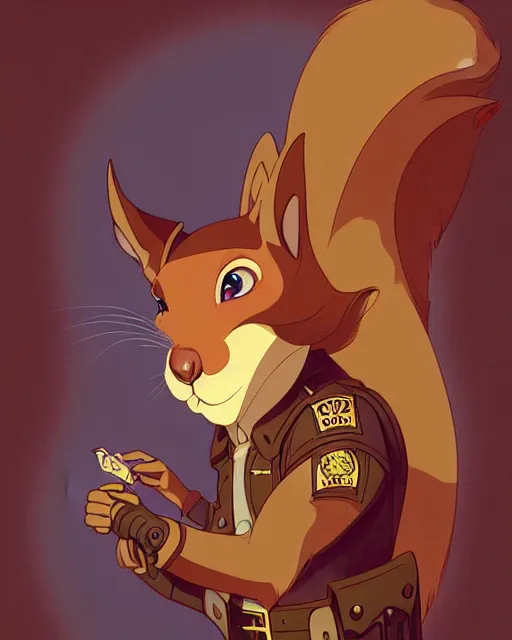 Image similar to don bluth, loish, artgerm, joshua middleton, steampunk, clockpunk anthropomorphic squirrel, full policeman outfit, smiling, symmetrical eyes symmetrical face, colorful animation forest background