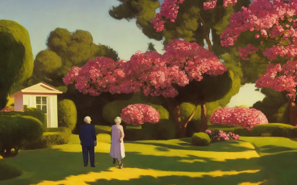 Prompt: an elderly couple walking from behind under an avenue of roses, in the background a small house surrounded by trees and flowers, sunset, highly detailed, cinematic lighting, perfect composition, 4 k, edward hopper