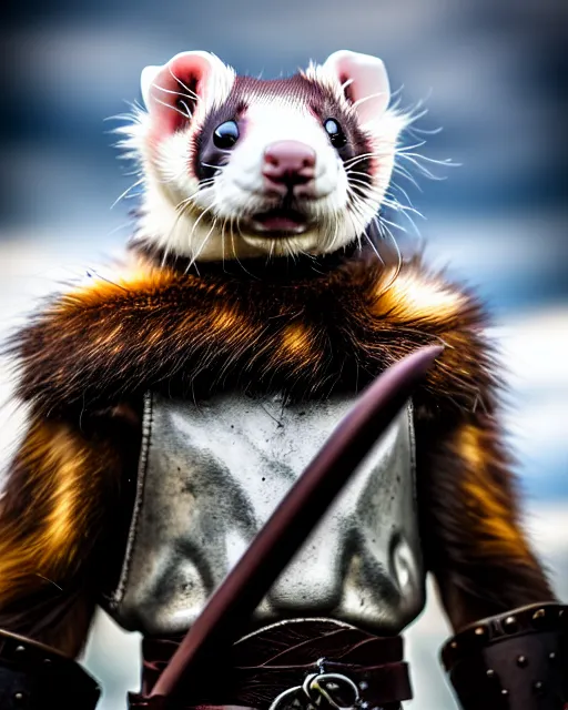 Image similar to ferret warrior, furry, fantasy, viking, high detailed, photography, cloudy, lightweight leather armour, scandinavia, plain, detailed face, look into the distance, serious face, full body, in full growth, professional photographer, masterpiece, 5 0 mm, extremely detailed, 8 k