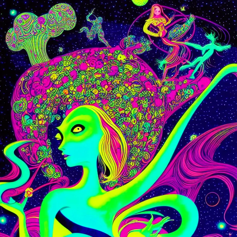 Prompt: cosmic girl, infinite fractal dimensions, bright neon colors, highly detailed, cinematic, eyvind earle, tim white, philippe druillet, roger dean, lisa frank, aubrey beardsley