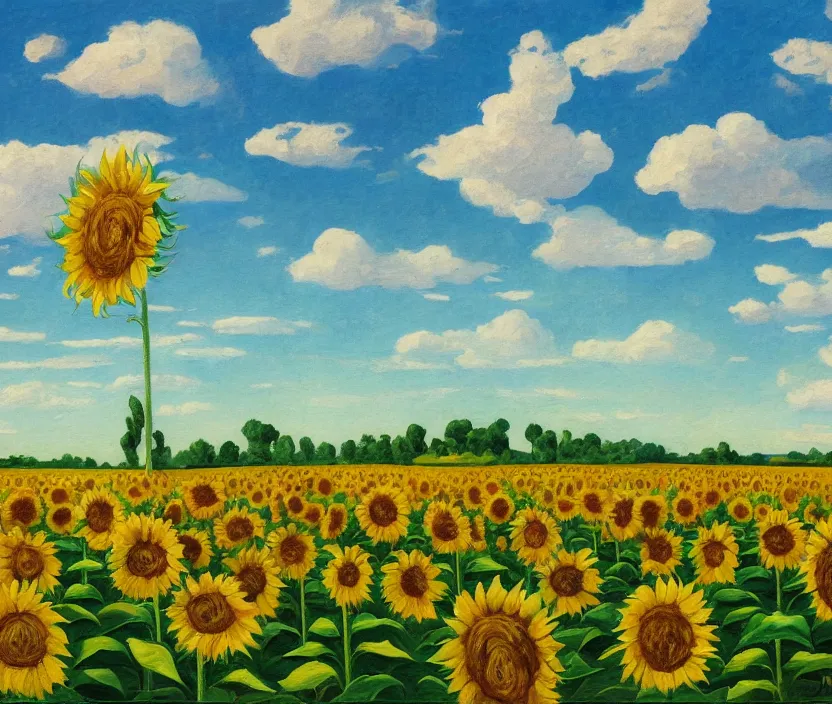 Image similar to a very detailed painting of a sunflower field, baby blue sky with very aesthetic stylized clouds, there is an ad billboard on the field, cows are on the field, an ufo is in the air, the ufo beams up a cow with a green light beam, in the style of edward hopper and kandinsky, very small brushstrokes, 4 k,