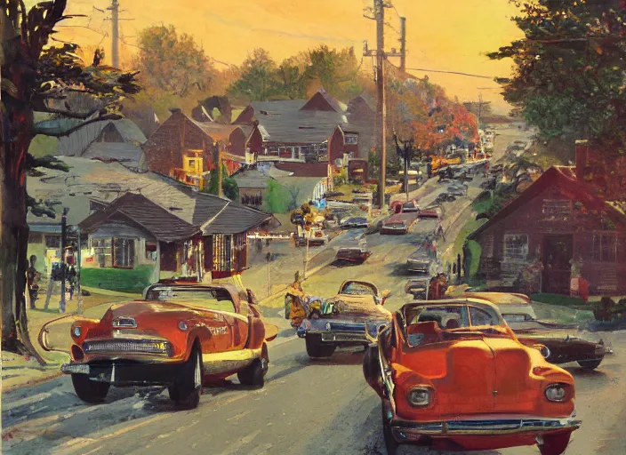 Image similar to small rural town in middle america 1950s hotrods driving down a street , vintage, high detail, golden hour, 8K, by John Berkey