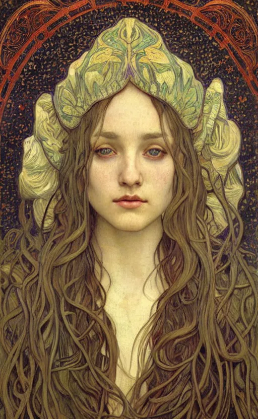 Image similar to detailed realistic beautiful young medieval queen face portrait by jean delville, alphonse mucha, vincent van gogh, and marco mazzoni, art nouveau, symbolist, visionary, gothic, pre - raphaelite