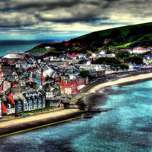 Prompt: the town of aberystwyth, wales, in the style of an 1980s photograph .n 8