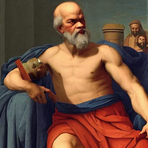 Image similar to socrates wearing a virtual reality headset, renaissance painting