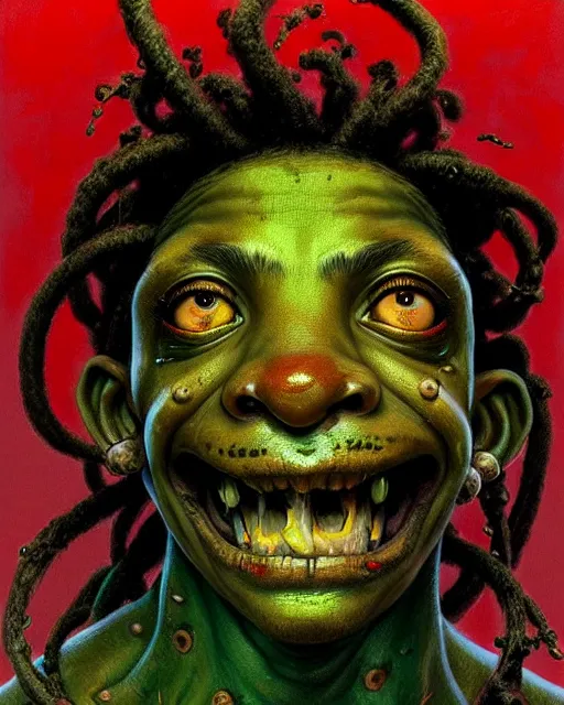 Prompt: lucio from overwatch, dreadlocks, frog like, character portrait, portrait, close up, concept art, intricate details, highly detailed, horror poster, horror, vintage horror art, realistic, terrifying, in the style of michael whelan, beksinski, and gustave dore