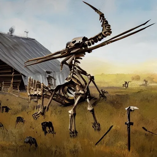 Image similar to a painting of a giant skeleton on a farm laying against a barn with a spear through its rib cage, concept art by ismail inceoglu, trending on artstation, environmental art, apocalypse art, 2 d game art, concept art