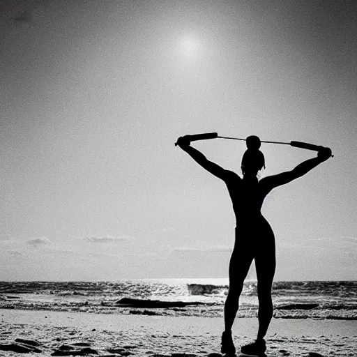 Image similar to “silhouette of fitness blogger doing exercise on the beach photorealistic ”