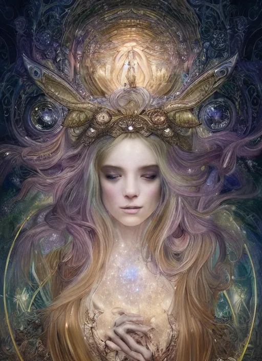 Image similar to a photographic portrait of a esoteric goddess elemental sprite created out of starlight and mist, cinematic, volumetric lighting, beautiful fantasy, intricate, elegant, highly detailed, digital painting, artstation, concept art, smooth, sharp focus, illustration, art by ayami kojima, artgerm and h r giger and alphonse mucha