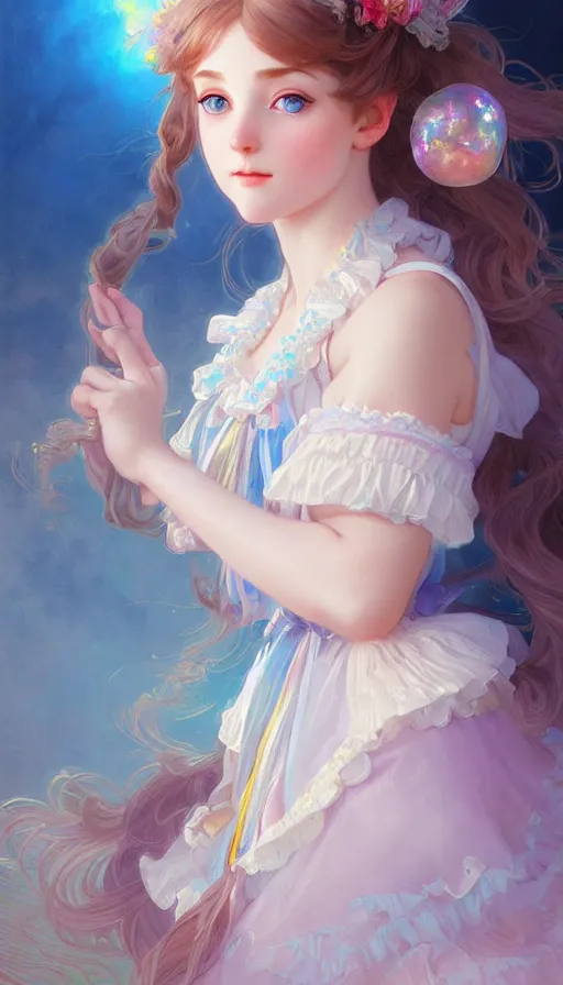 Image similar to portrait of magical lolita girl, dreamy and ethereal, blue eyes, peaceful expression, ornate frilly dress, fantasy, intricate, elegant, rainbow bubbles, highly detailed, digital painting, artstation, concept art, smooth, sharp focus, illustration, art by artgerm and greg rutkowski and alphonse mucha